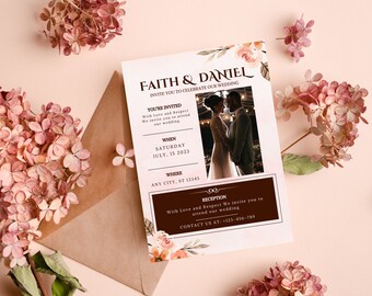 Invitación de foto floral rústica marrón suave y crema Retrato de boda / Tarjeta de boda editable e imprimible / Boda digital e instantánea