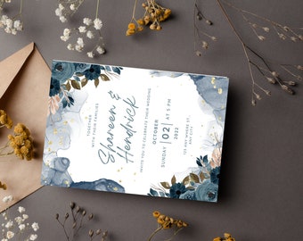 Invitación de boda Fondo floral de tinta alcohólica azul marino / Guardar la fecha / Tarjeta de boda imprimible y editable / Descarga digital e instantánea