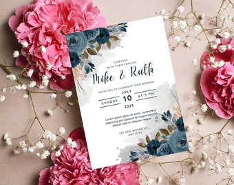 Invitación de boda Color de agua de flor azul marino / Guardar la tarjeta de invitación de fecha / Invitación de tarjeta de boda de descarga digital e instantánea