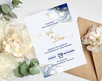 Tarjeta de invitación de boda minimalista azul / Tarjeta de invitación de boda de descarga digital e instantánea / Guardar la tarjeta de invitación de boda de fecha