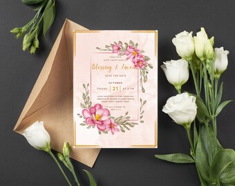 Tarjeta de invitación de boda floral de oro beige / Guardar la fecha invitación de boda / Diseño de boda imprimible y editable / Descarga digital