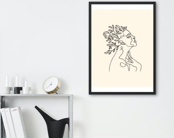 Floral neutro minimalista mujer cara línea arte lienzo impresión / Boho colgante casa pared arte lienzo impresión / arte digital e instantáneo imprimible