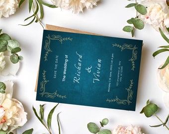 Retrato de invitación de boda elegante azul marino y blanco / Guardar la fecha Tarjeta de invitación de boda / Diseño de boda de descarga digital e instantánea