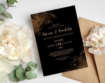 Invitación de boda Tinta de alcohol de oro negro / Tarjeta de boda imprimible y editable / Descarga digital e instantánea / Guardar la tarjeta de boda de fecha