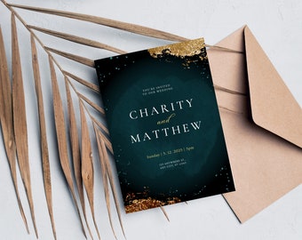 Invitación de boda abstracta azul y dorada / Tarjeta de invitación de boda imprimible y editable / Descarga digital e instantánea / Guardar la fecha