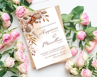 Tarjeta de invitación de boda de otoño minimalista marrón / Tarjeta de invitación de boda imprimible y editable / Descarga digital e instantánea