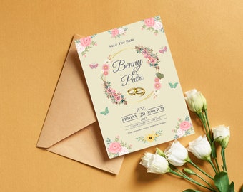 Verde Beige Guardar la fecha invitación de boda / Guardar la fecha invitación de boda / Tarjeta de boda imprimible y editable / Descarga digital