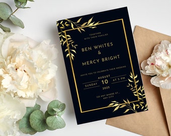 Invitación de boda Navy Gold / Guardar la fecha Tarjeta de invitación de boda / Descarga digital e instantánea / Tarjeta de invitación de Navy Gold