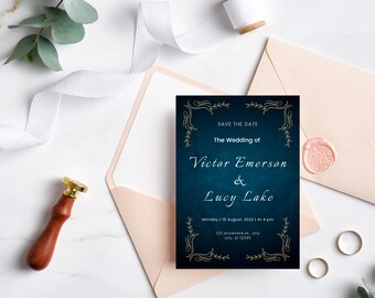 Retrato de invitación de boda elegante en azul marino y blanco / Tarjeta de boda imprimible y editable / Guardar la fecha / Descarga digital e instantánea