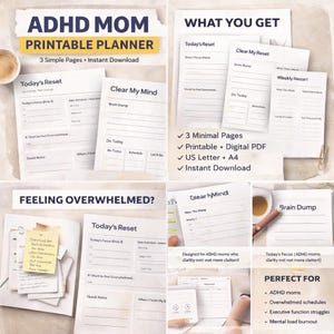 May include: ADHD Mom printable planner with the text "ADHD MOM PRINTABLE PLANNER" in yellow and white. The planner includes pages for daily resets, brain dumps, and weekly restarts. The planner is designed for ADHD moms.