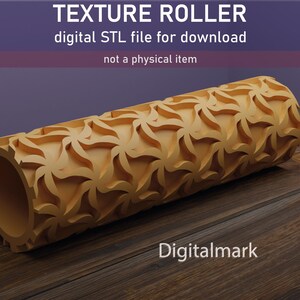 Könnte beinhalten: Eine braune, strukturierte Rolle mit einem sich wiederholenden geometrischen Muster. Die Rolle liegt auf einer Holzoberfläche. Der Text "TEXTURE ROLLER" und "digital STL file for download" befindet sich über der Rolle. Der Text "not a physical item" befindet sich unter der Rolle. Der Text "Digitalmark" befindet sich unter der Rolle.
