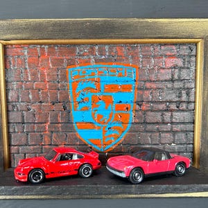Porsche Parking Hot Wheels graffiti display. Framed custom artwork to display your diecast Porsche. Great for the car lover in your life.