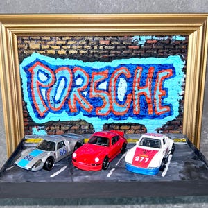 Porsche Hot Wheels parking. One of a kind piece for home or office. Car lover gift. Hot Wheels art, car art, Wall mounted diecast display.