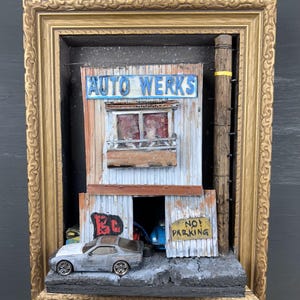 Old Auto Repair Shop Diorama. Porsche Art. One of a kind piece for home or office. Car lover gift. Hot Wheels art, Diecast car art wall art