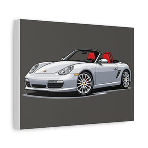 May include: A canvas print featuring a silver convertible sports car with red seats. The car has a sleek design with white wheels and red brake calipers. The background is a solid gray.