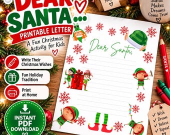 Dear Santa Letter Printable | Christmas Wish List for Kids | Letter to Santa PDF