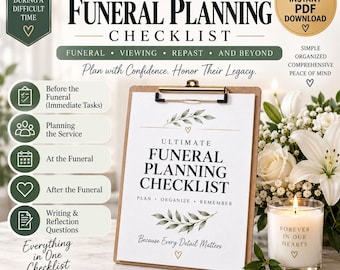 Puede incluir: Un portapapeles con un documento titulado Ultimate Funeral Planning Checklist que incluye secciones para antes, durante y después del funeral, además de preguntas de reflexión, junto a una vela encendida.