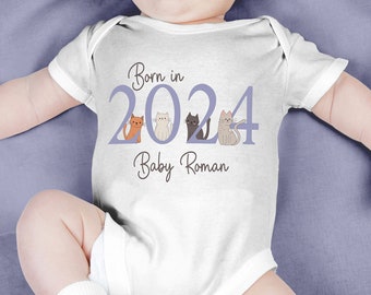 Personalised Born in 2024 babysuit sleepsuit perfect gift baby shower celebration three cats meow