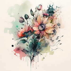Puede incluir: Pintura acuarela de un ramo de flores rosas y melocot&oacute;n con hojas y tallos verdes. Las flores est&aacute;n dispuestas en un estilo suelto y natural, y el fondo es una suave acuarela de azul claro y verde.