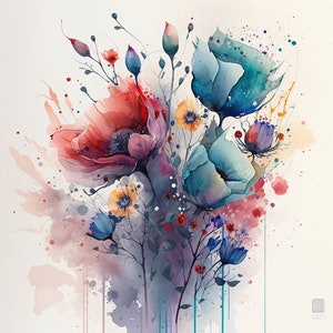 Puede incluir: Pintura acuarela de un ramo de flores con flores azules, rojas y amarillas. Las flores est&aacute;n pintadas en un estilo suelto e impresionista, con salpicaduras de color y gotas de agua.