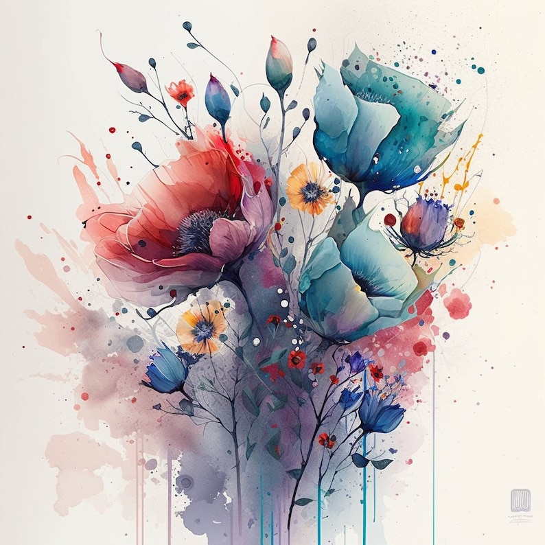 Puede incluir: Pintura acuarela de un ramo de flores con flores azules, rojas y amarillas. Las flores est&aacute;n pintadas en un estilo suelto e impresionista, con salpicaduras de color y gotas de agua.
