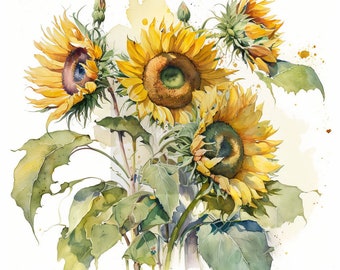 Imágenes prediseñadas de girasoles de acuarela, ramos florales de girasol, 40 PNG, imágenes prediseñadas vintage, imágenes prediseñadas de primavera, flores de verano, elementos, uso comercial