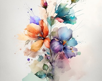 Watercolor Flowers clipart, 40 png, Floral clipart, Hand-painted flowers, Romantic clipart, Printable flowers, Watercolor art, Digital
