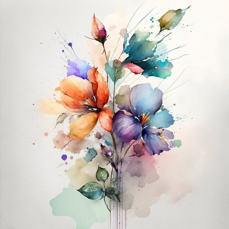 Puede incluir: Pintura acuarela de un ramo de flores con p&eacute;talos naranja, morado y azul. Las flores est&aacute;n pintadas con un estilo suave y delicado y est&aacute;n rodeadas de salpicaduras de acuarela.