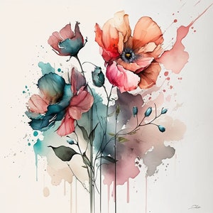 Puede incluir: Pintura acuarela de un ramo de flores con amapolas rosas y rojas y flores azules. Las flores est&aacute;n pintadas en un estilo realista con bordes suaves y detalles delicados. El fondo es un suave lavado de rosa y azul.