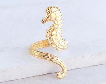 Seahorse Ring, Hippocampus, 14k Gold or Silver Stainless Steel, Adjustable Ring, Coastal Chic Jewelry