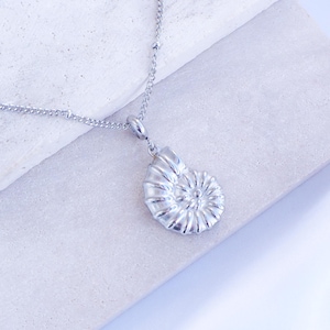 Könnte beinhalten: Eine silberne Halskette mit einem detaillierten Nautilus-Muschel-Anhänger. Die Kette besteht aus kleinen, runden Perlen.