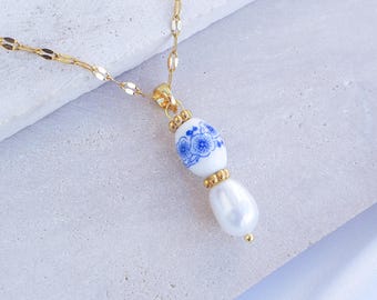 Portuguese Azulejo Necklace, Freshwater Pearl and Floral Ceramic Tile Pendant, Handmade Jewelry from Portugal, 18K Gold Stainless Steel