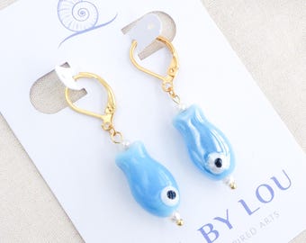 Blue Fish Ceramic Earrings, Blue Sardine Fish, 18k Gold Stainless Steel or Silver, Handcrafted Coastal Summer Jewelry