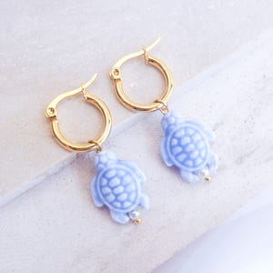 Blue Turtle Earrings, 14k Gold Stainless Steel Hoops, Ceramic Sea Turtle Charms, Handmade Beach Jewelry