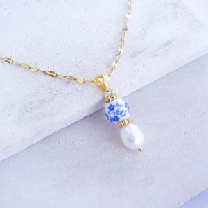 Gold Portuguese Azulejo Pearl Necklace - Blue Ceramic Tile Beads and Freshwater Pearl - Handmade Jewelry from Portugal