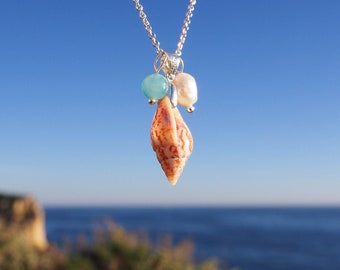 Boho Shell Gemstone Pearl Silver Necklace, Aquamarine, Freshwater Pearl, Handpicked Dove Shell from Portugal, Beach Jewelry