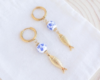 Sardine Earrings Ceramic Azulejo Tiles, Gold Stainless Steel Hoops, Fish Charm, Blue Porcelain Beads, Handmade Coastal Jewelry from Portugal
