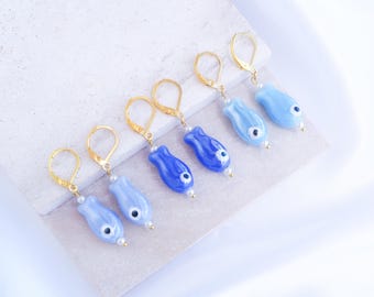 Blue Ceramic Fish Earrings, Blue Sardine Fish Pendants, 18k Gold Stainless Steel or Silver, Handcrafted Coastal Jewelry from Portugal