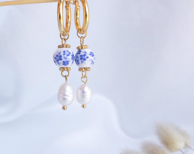Gold or Silver Portuguese Azulejo Pearl Hoop Earrings, Blue Ceramic Tile Beads, Handmade Jewelry from Portugal, Lisbon Memory Gift for Her