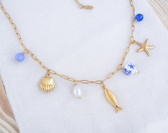 Gold Portuguese Sardine Azulejo Charm Necklace with Gemstones and Freshwater Pearls, Sardine Fish, Ceramic Tile, Handmade from Portugal