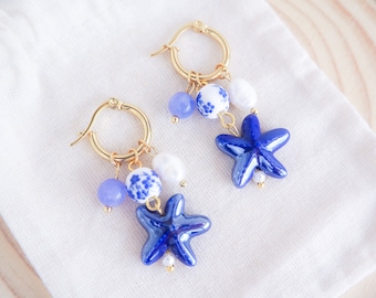Sea Star Starfish Gold Earrings with Azulejo Tile Beads, Freshwater Pearls and Gemstones - 7 Styles - Handmade Jewelry from Portugal