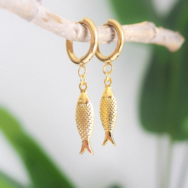 18k Gold Plated Portuguese Sardine Fish Earrings - Waterproof Coastal Jewelry