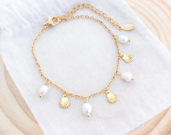 Gold Tiny Shell Pearl Charm Bracelet, Gold Dainty Shells and Freshwater Pearls, Ivory White or Rose Pink Pearls - Coastal Chic Jewelry