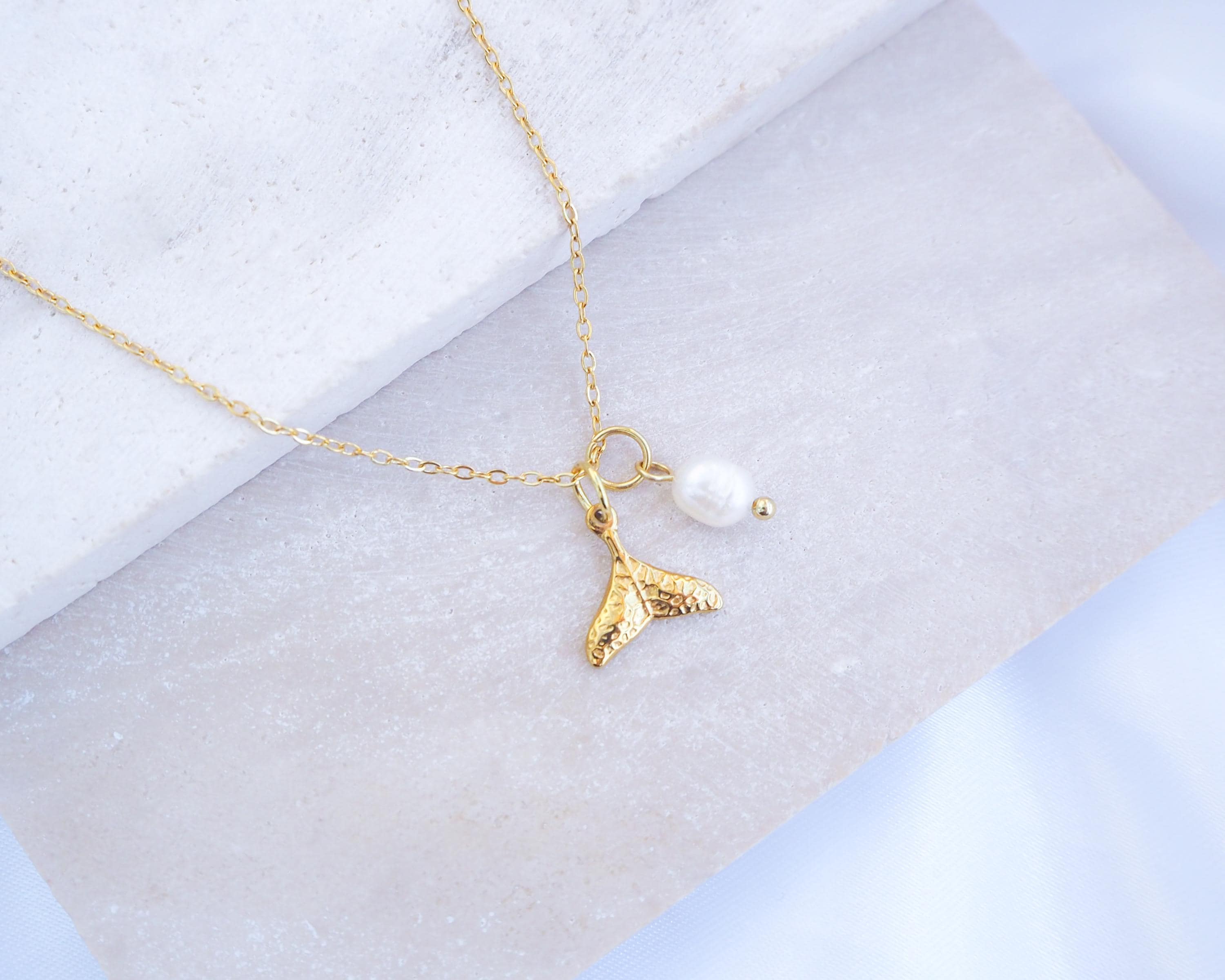 Gold Tiny Whale Tail Pearl Necklace, Dainty 18k Gold Whale with Ivory White Freshwater Pearl, Coastal Chic Jewelry