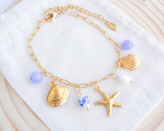 Oceanic Charm Bracelet with Ceramic Tile Beads, Sea Star Starfish and Shell Pendants, Freshwater Pearl and Gemstones, Coastal Jewelry