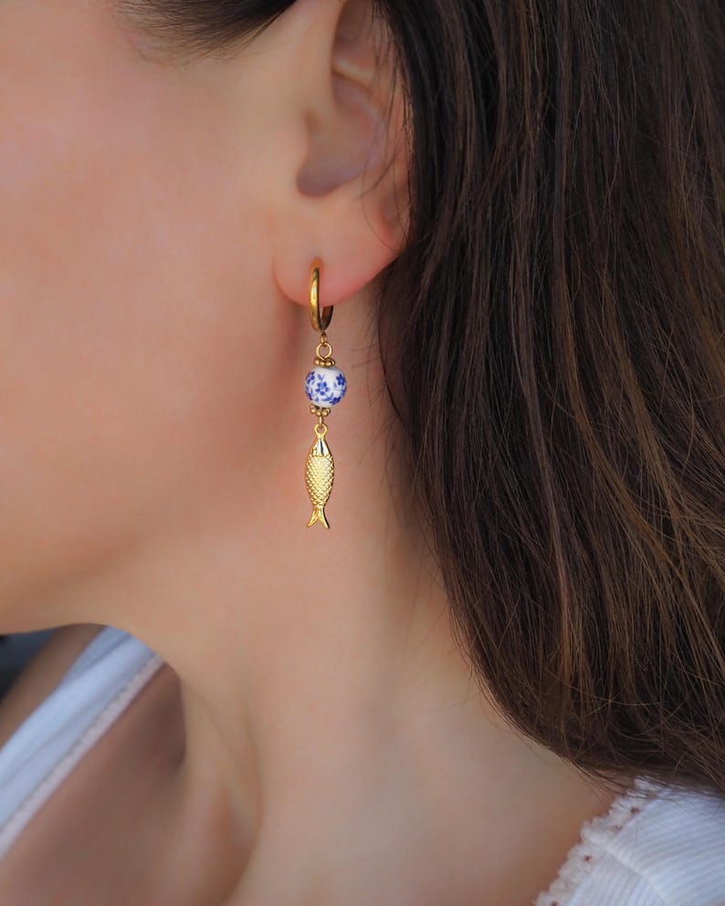 Model wearing Gold Sardine Earrings with Ceramic Tile from Portugal - Coastal Jewelry from Portugal, seabylou, Sea by Lou, Fish earrings