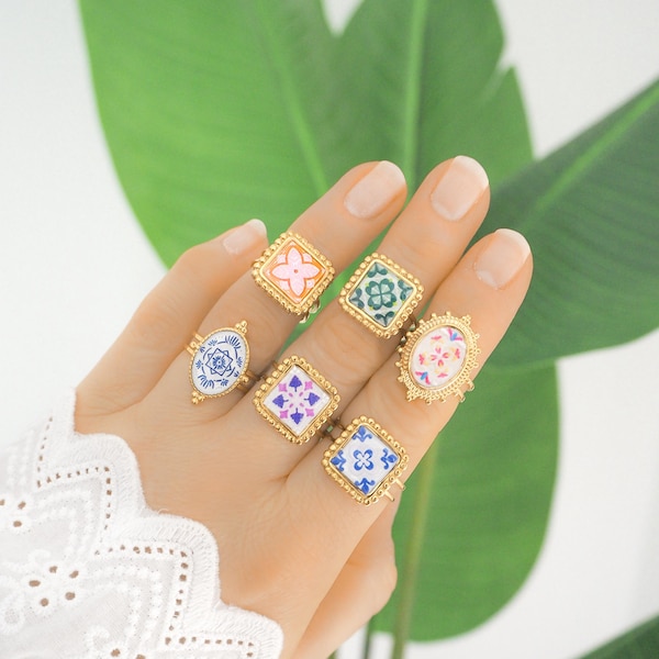 Anillos portugueses, diseños de azulejos, acero inoxidable en oro de 18 quilates, anillo ajustable, joyería artesanal de Portugal.