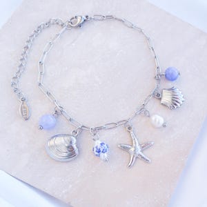 Silver Oceanic Charm Bracelet with Azulejo Tile Beads, Gemstones, Starfish, Sea Star and Shell pendants