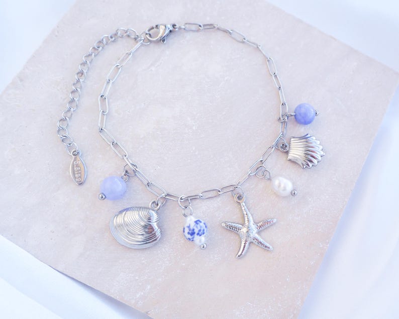 Silver Oceanic Charm Bracelet with Azulejo Tile Beads, Gemstones, Starfish, Sea Star and Shell pendants