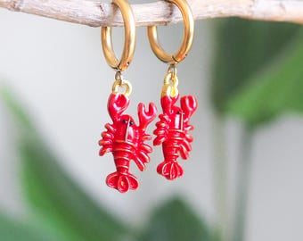 Red Lobster-oorbellen, 18k goud roestvrij staal of zilver, zeevruchtenhangers, handgemaakte strandzomersieraden
